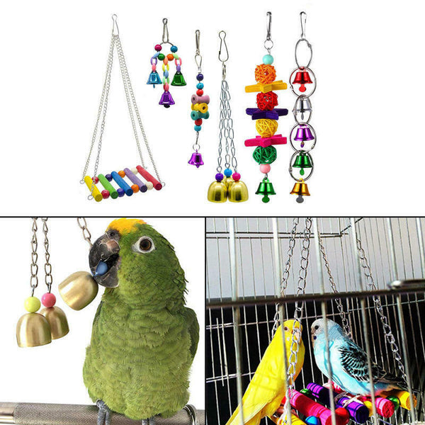 6Pcs Pet Bird Parrot Bite Toys Set Swing Claw ball Bell string Hanging Toys
