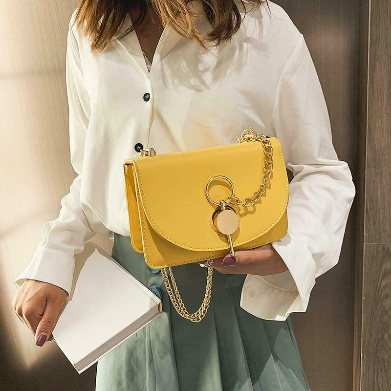 Fashion Women Messenger Bag Leather Pure Color Chain Shoulder Bag (Yellow)