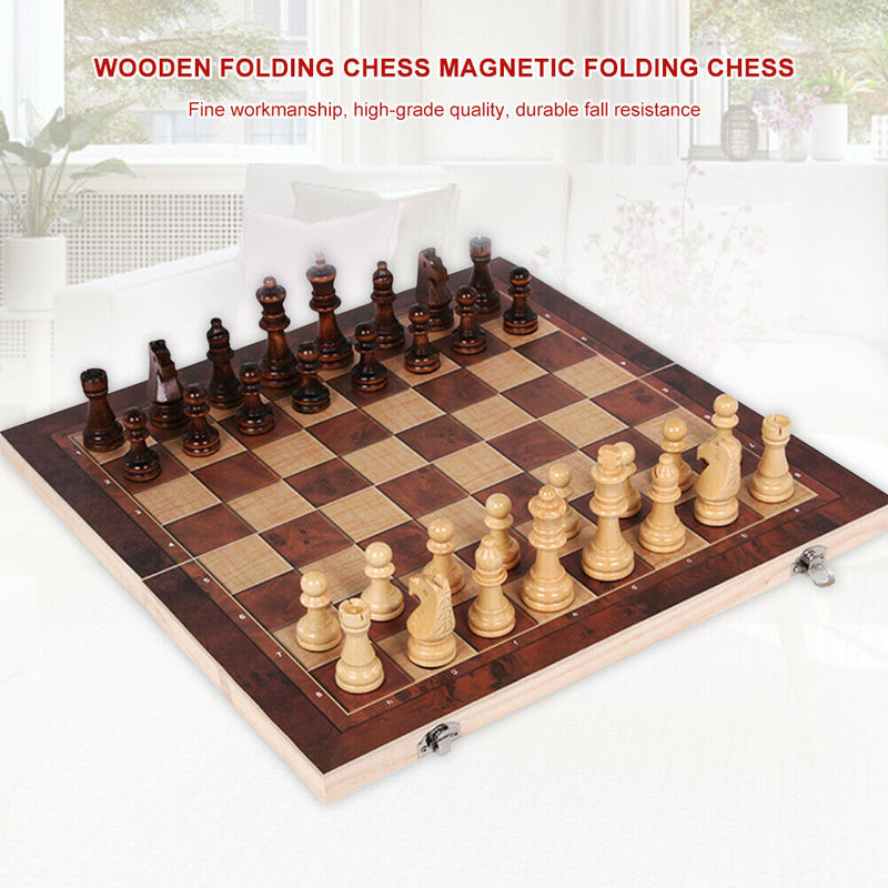 3 in 1 Wooden International Folding Chess Set Board Game Fun Toys (29x29cm)