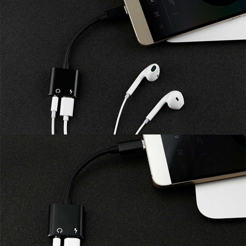 2-in-1 to 3.5mm Audio Jack Headphone Charger Charging Adapter Cable Wire
