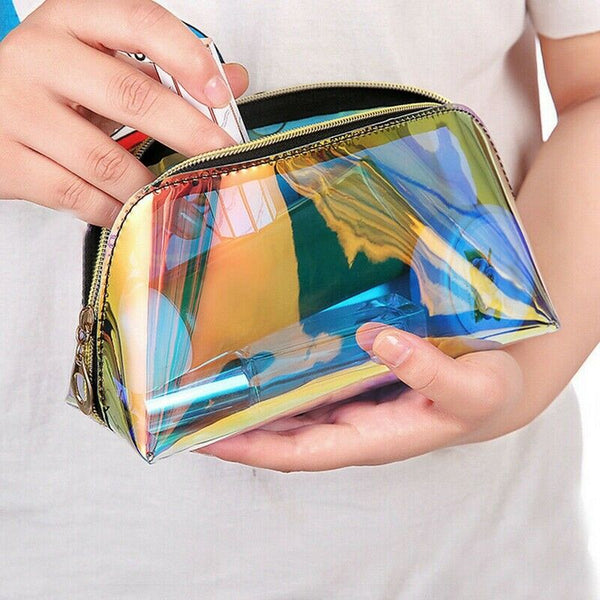 2Pcs Multifunctional Makeup Bag Iridescent Holographic Clear Cosmetic Bag L J6H3