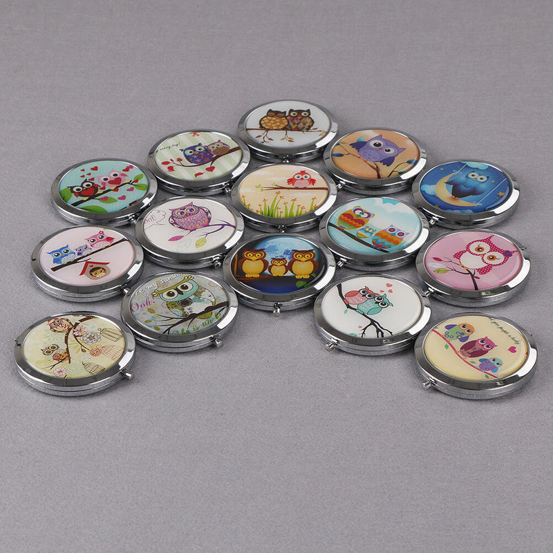 Women makeup compact pocket owl mirrors portable double-side folding mirror 3C