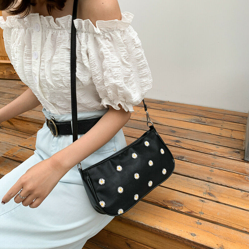 Daisy Flower Crossbody Bag Women PU Elegant Shoulder Tote Handbag (Black) A