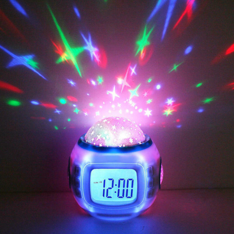 Night Light Projector Lamp Bedroom Alarm Clock With Music for Kid Christma RQQ