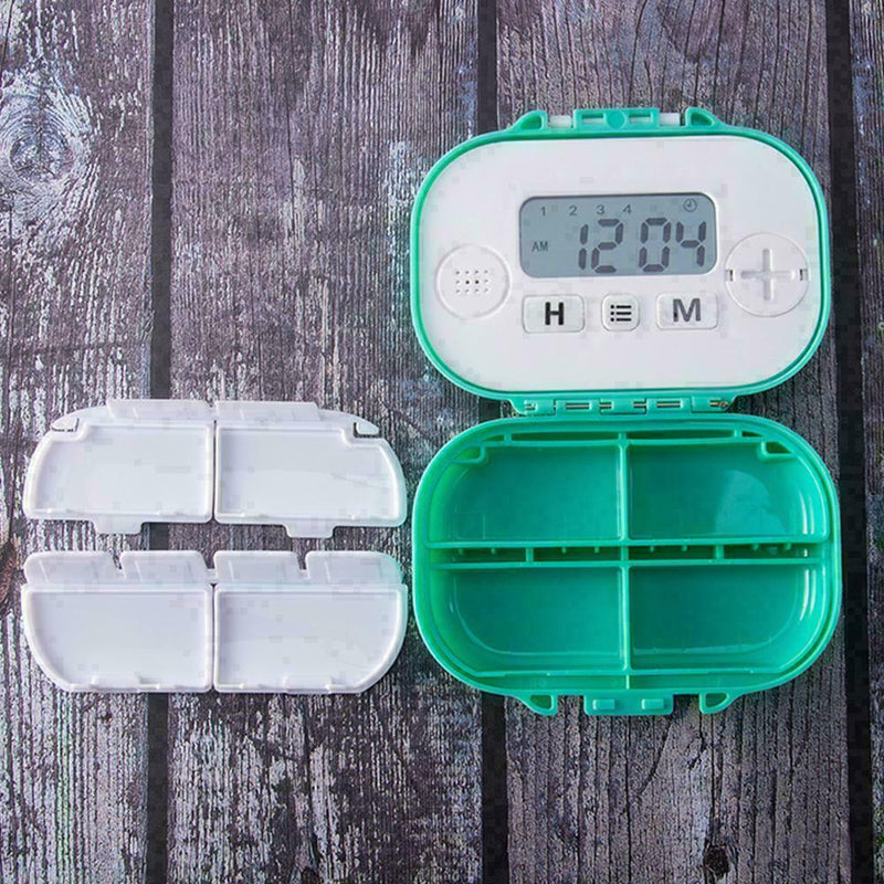 4 Grids Plastic Medicine Storage With Alarm Reminder Organizer Sorter P Box M5R1