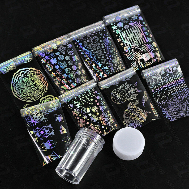 8pcs Holographic Foil Nail Art Xmas Dreamcatcher Geometric Transfer Stickers DIY