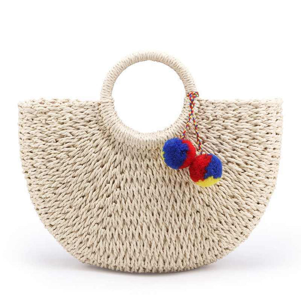 Summer Handmade Bags Women Pompon Beach Weaving Ladies Straw Bag Wrapped Be U5L7