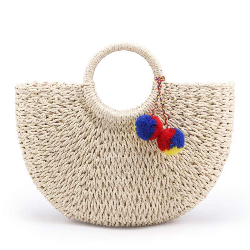 Summer Handmade Bags Women Pompon Beach Weaving Ladies Straw Bag Wrapped Be U5L7