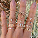 11pcs/set Rhinestone Leaf Eye Ring Women Geometric Knuckle Rings Jewelry