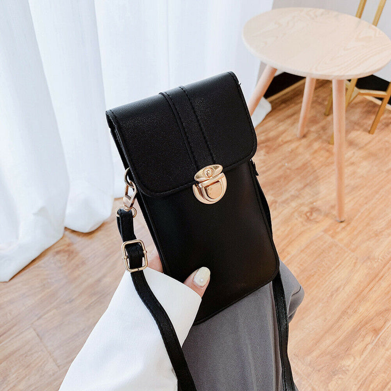Women Touch Screen Mobile Phone Pouch PU Splicing PVC Crossbody Bag (Black)