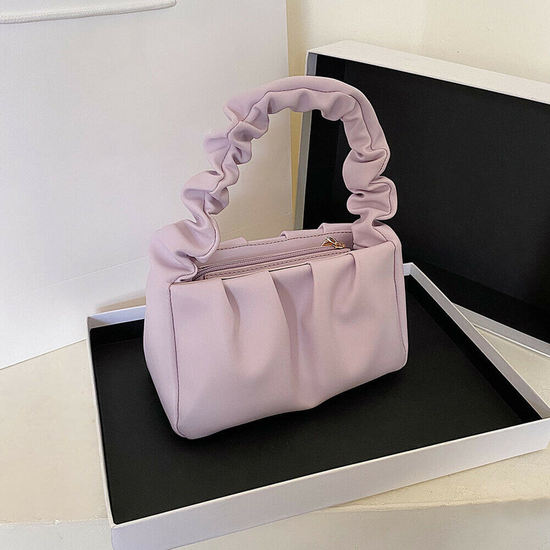 Women Candy Color Shoulder Bags Pleated Ruffle PU Totes Handbag (Purple)