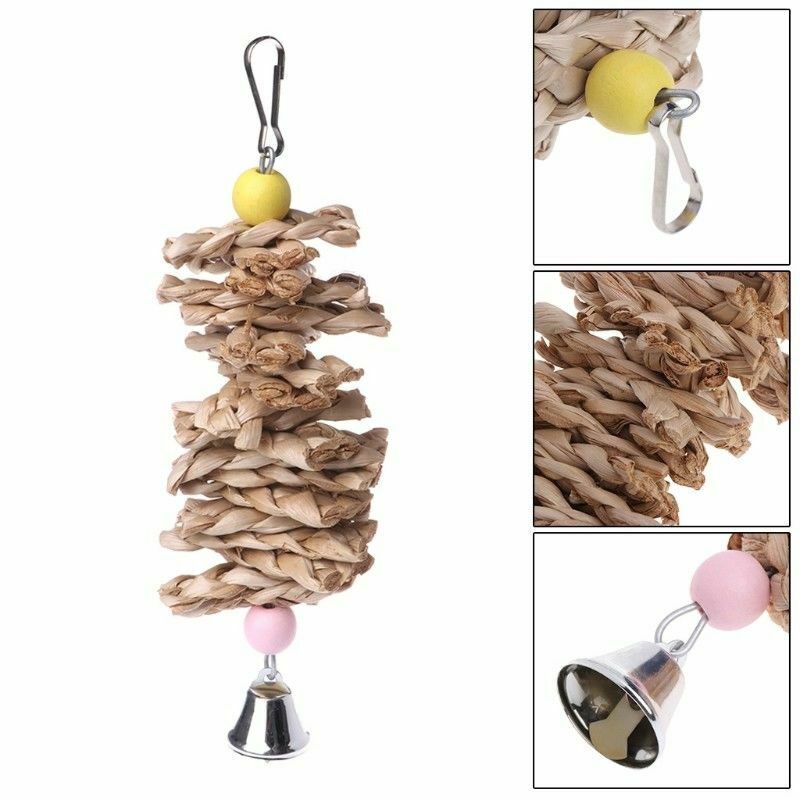 Bird Parrot Toys Natural Wooden Grass Chewing Bite Hanging Cage Accessories I8G7