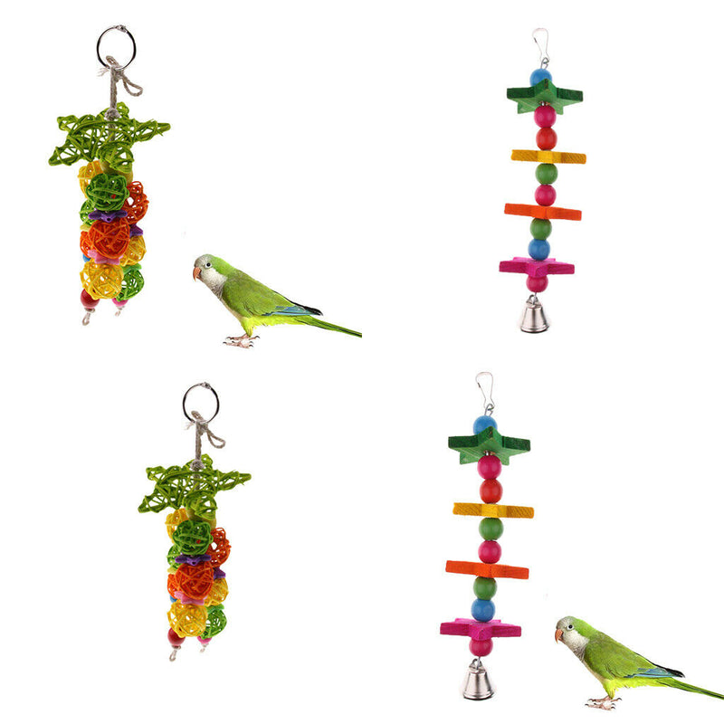 2 Pieces Hanging Parrot Chewing Toys with A Bell - Multicolored Wooden Blocks