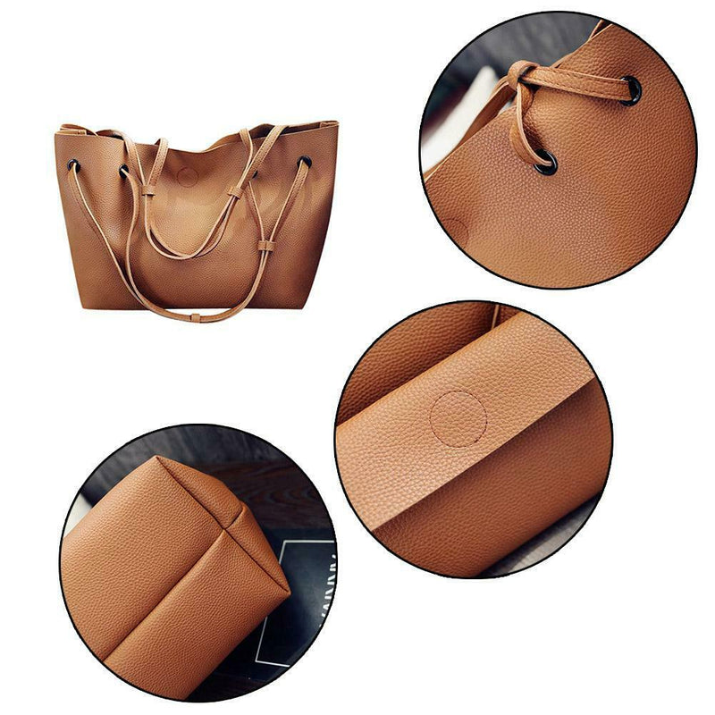 2pcs/set Women Litchi Pattern Handbags Solid Color Clutch (Light Brown)