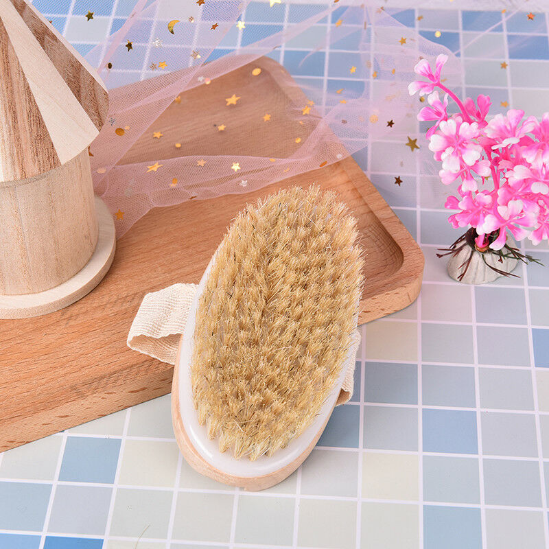 Bath body brush boar bristles exfoliating body massager with long wooden hanJ 3C