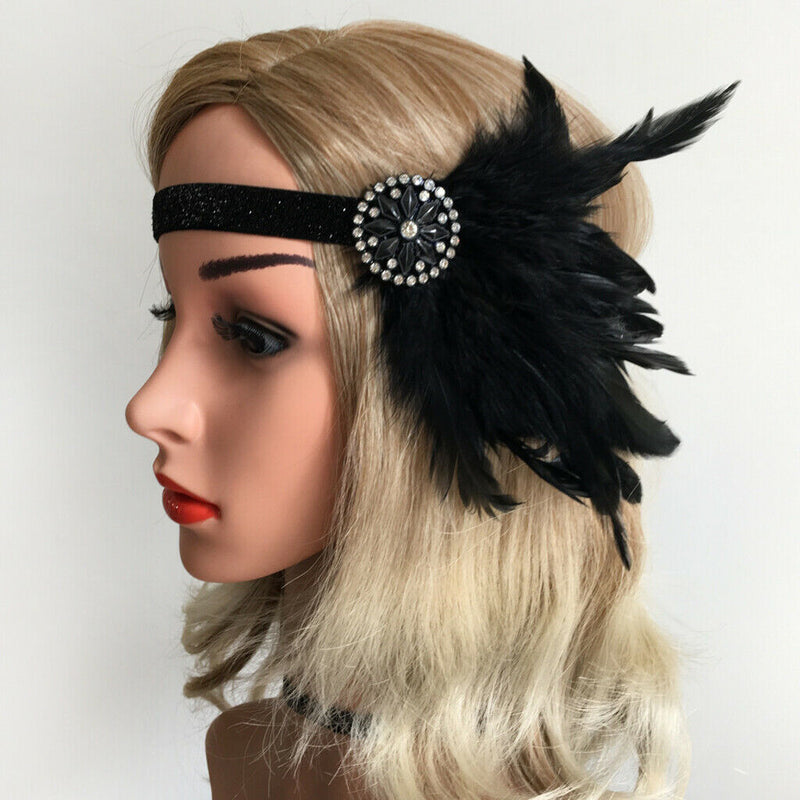 Womens Feather Headband Gatsby 20s Flapper Beaded Fascinator Wedding Bridal