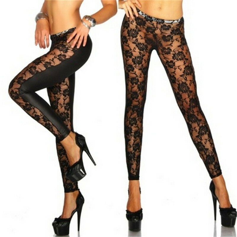 Womens Black Rose Vine Sheer Stretchy Floral Lace Leggings Tight Pencil Pants Bj