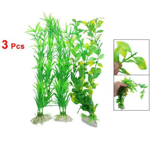 3 Pcs Aquarium Fish Tank Yellow Green Plastic Artificial Plants 13.8" Heigh T3N4