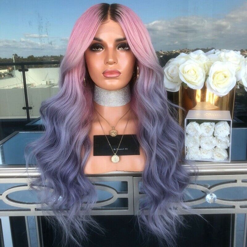 Womens Gradient Wigs Loose Long Curly Straight Wavy Synthetic Full Hair Wig T2E4