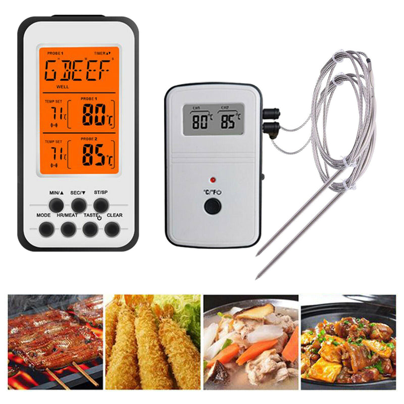 Instant Read Wireless Digital BBQ Meat Thermometer w/ Dual Probes Time Alarm