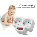 German/EU Plug Conversion Socket 1 to 2 Way Power Adapter w/Outlet Switch