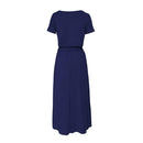 Short Sleeve Women Dress V-neck Binding Women Maxi Dresses (Dark Blue L) A