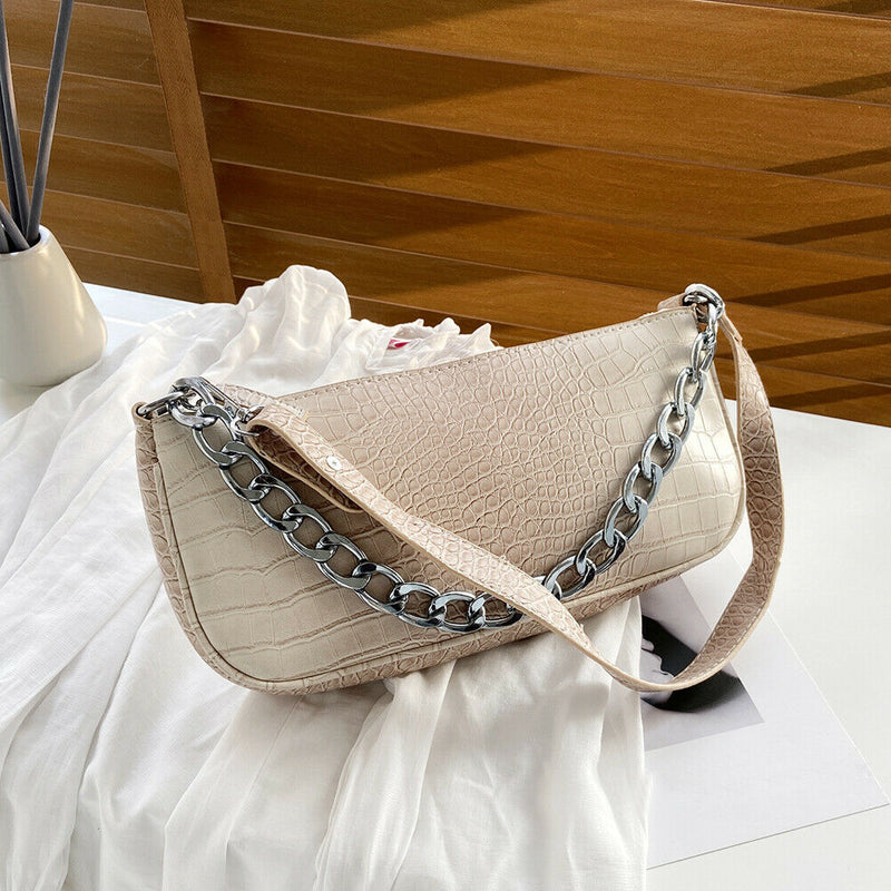 Women Chain Leather Underarm Shoulder Handbags (Alligator Pattern Khaki)