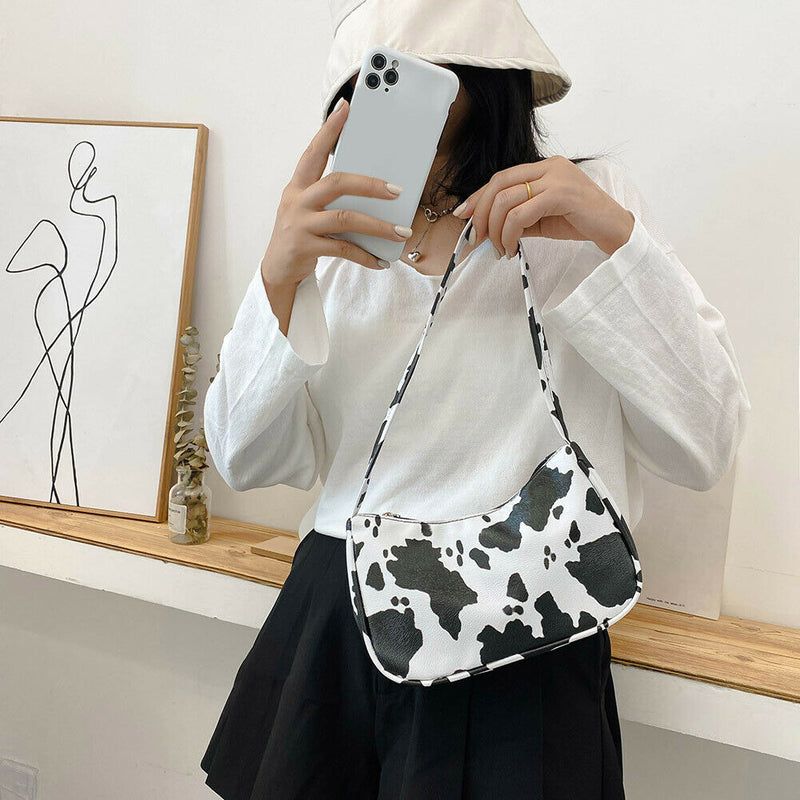 Cow Dot Printed Handbag Women PU Totes Small Underarm Shoulder Bag (White)