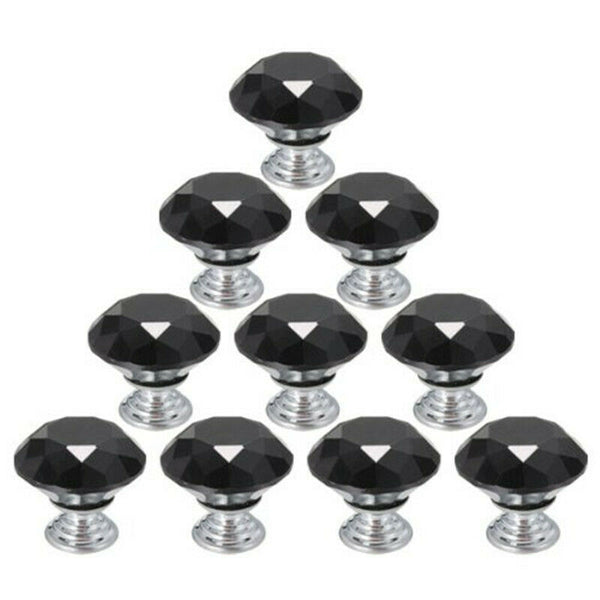 8 X 40mm Diamond Black Crystal Glass Door Cupboard Knobs Pull Handle Drawer S7H9