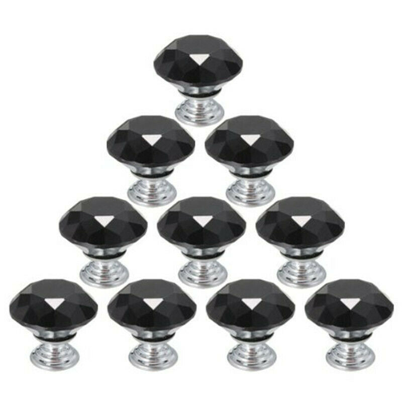 8 X 40mm Diamond Black Crystal Glass Door Cupboard Knobs Pull Handle Drawer S7H9