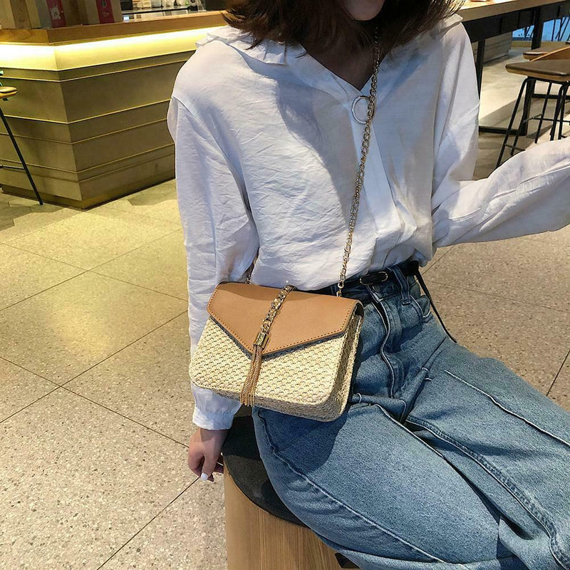 Straw Leather Women Messenger Bag Small Flap Shoulder Handbag (Light Brown)