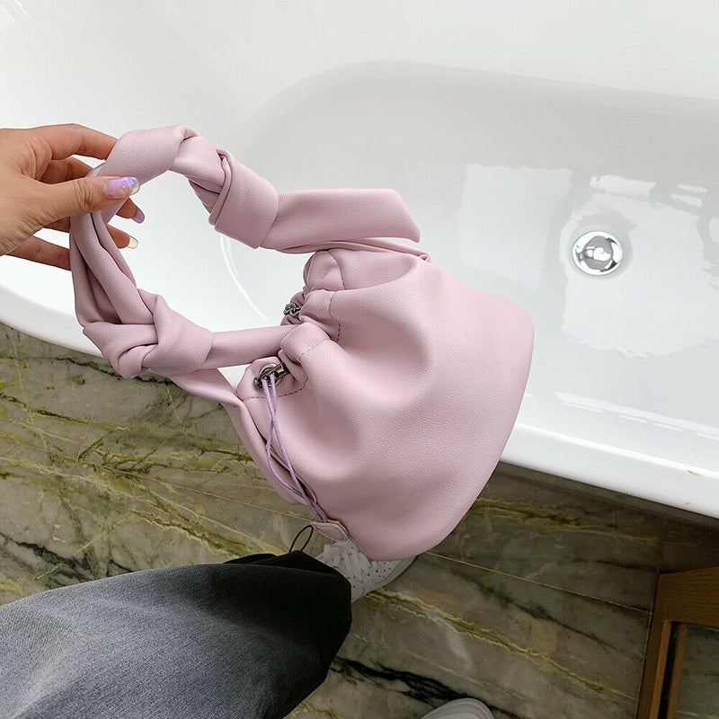 Casual Drawstring Bucket Bag Women PU Crossbody Shoulder Handbags (Pink)