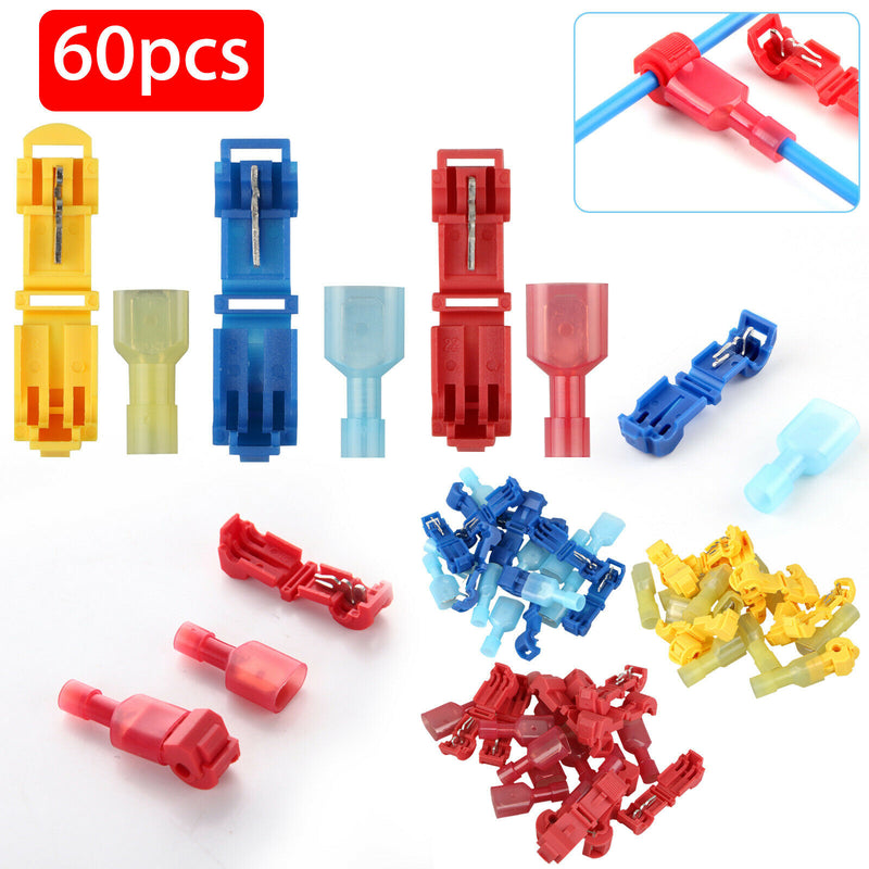 60pcs Insulated 22-10 AWG T-Taps Quick Splice Wire Terminal Connectors Combo Kit