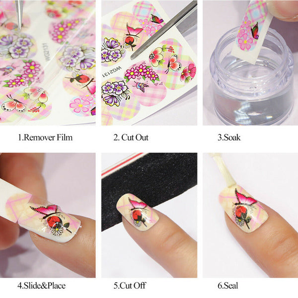 40 Nail Art Water Decals Stickers Transfers Spring Water Effect Flowers Feather*