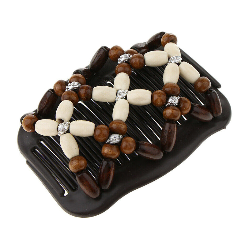 2Pcs  Wood Beads Double Hair Comb Clip Stretchy Thick Hair Clip Combs Girls