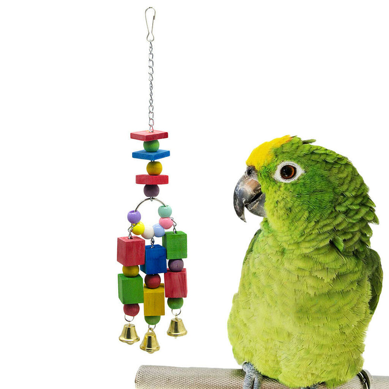 Parrot Colorful Wooden Blocks Chew Toys Bird Swing Toys with Metal Bells Wooden