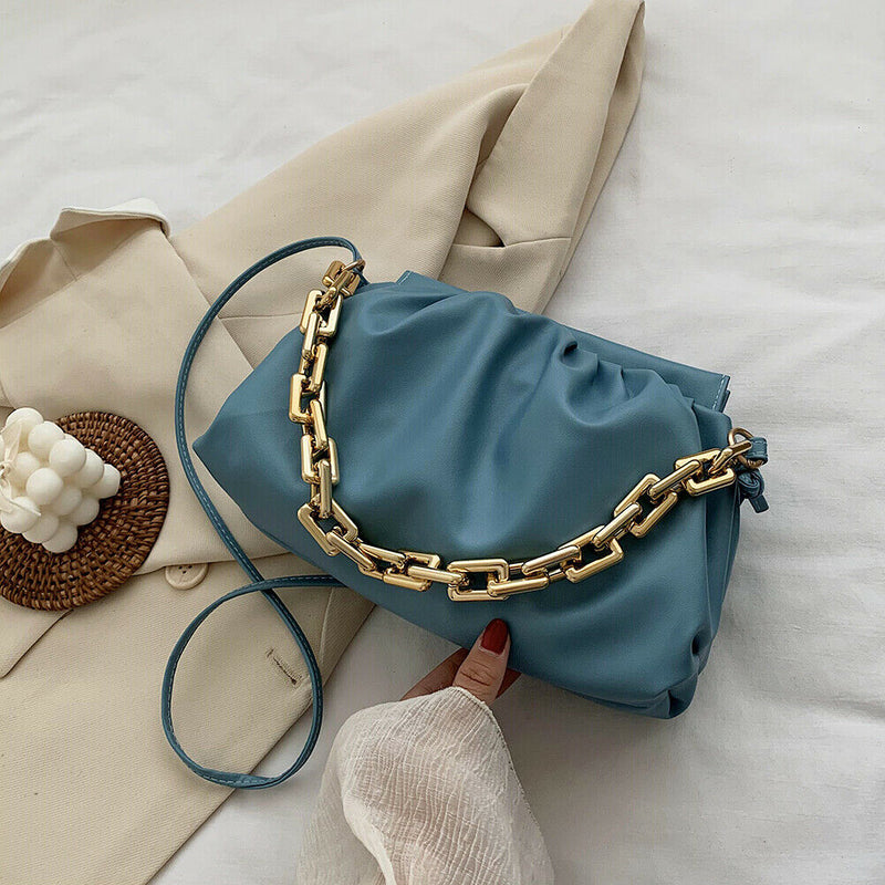 Women Pleated Shoulder Bag Chain Totes PU Cloud Messenger Handbag (Blue)