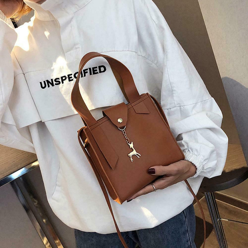 Deer Women Leather Messenger Handbags Casual Pure Mini Shoulder Bags (Brown