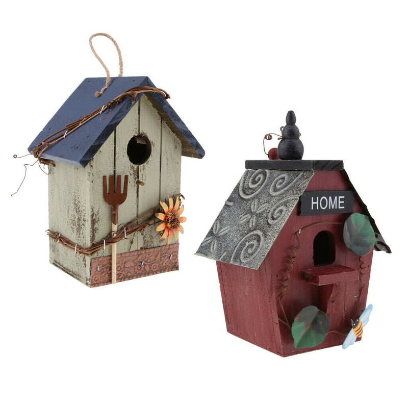 2Pcs Hanging Wood Bird House, Retro Arts and Crafts Country Cottages Bird House,