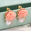Fashion Pearls Rhinestone Ear Stud Women Flower Earrings Jewelry (Pink) A