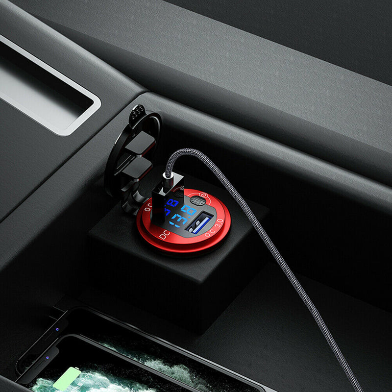 L4 Car Dual USB Charger QC3.0 USB Power Outlet w/ Voltmeter + Switch (Red)