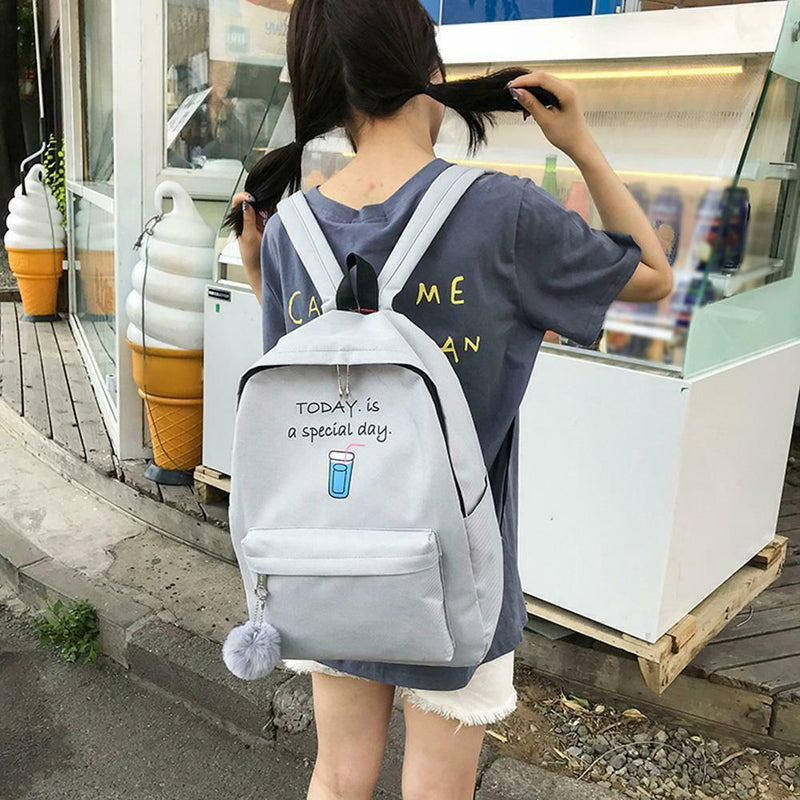 4pcs/Set Women Canvas Backpack Teenage Girls Shoulder School Bag (Gray)