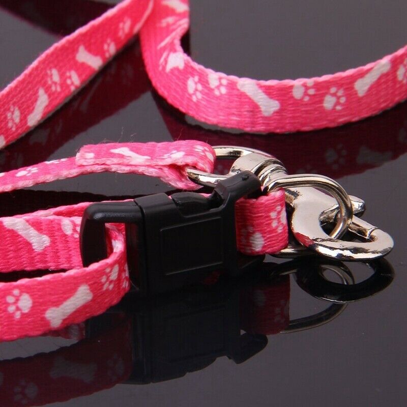Bone Paws Print Small Dog Pet Leash Lead & Harness Tool - Pink R6Z4
