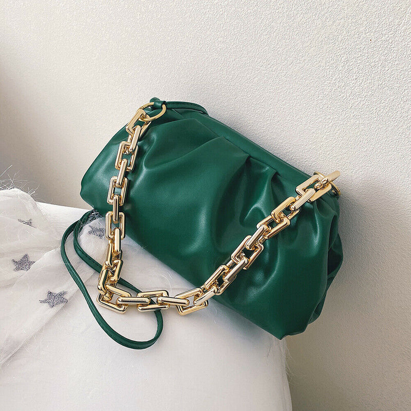 Women Chain Shoulder Bags PU Leather Cloud Party Clutch Handbag (Green)
