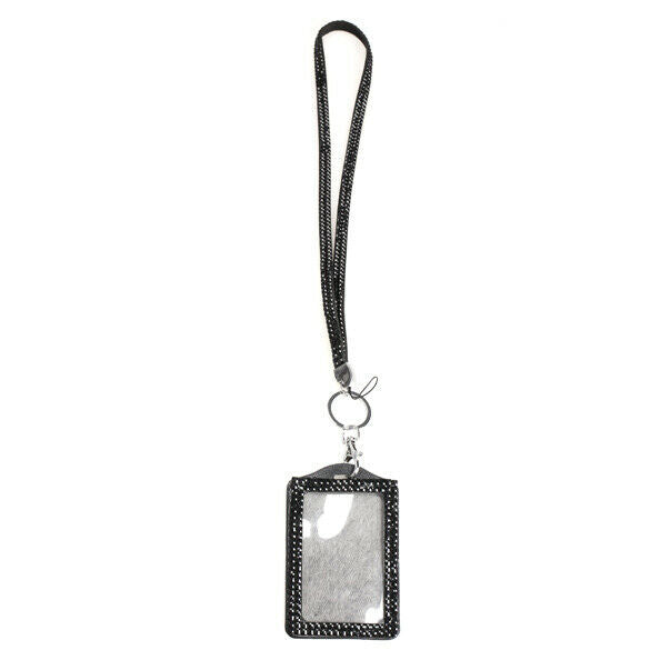 Black Rhinestone Bling Crystal Lanyard Sling Vertical Card ID Badge Holder  A