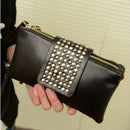 Women PU Leather Fashion Black Rivet Handbag Clutch Bag Zipper Long Wallet