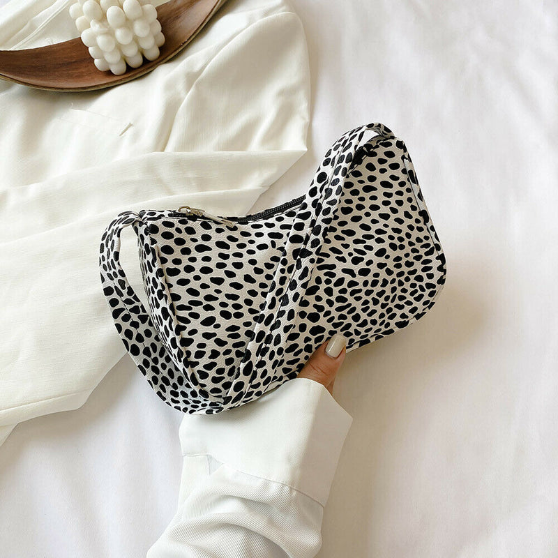 Cow Dot Printed Handbag Women PU Totes Small Underarm Shoulder Bag (Black)