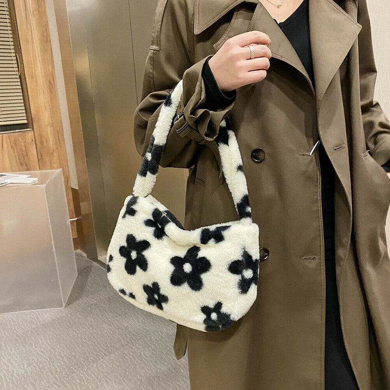 Female Plush Soft Fluffy Handbag Flower Printed Shoulder Bag Street Travel Purse