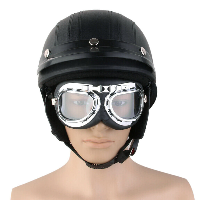 Men's Motorcycle Motorbike Open Face Helmet Visor with Goggles Plain Black Matt
