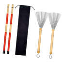 1Pair Rods Drum Sticks + Drum Wire Brushes With Portable Storage Bag Golden